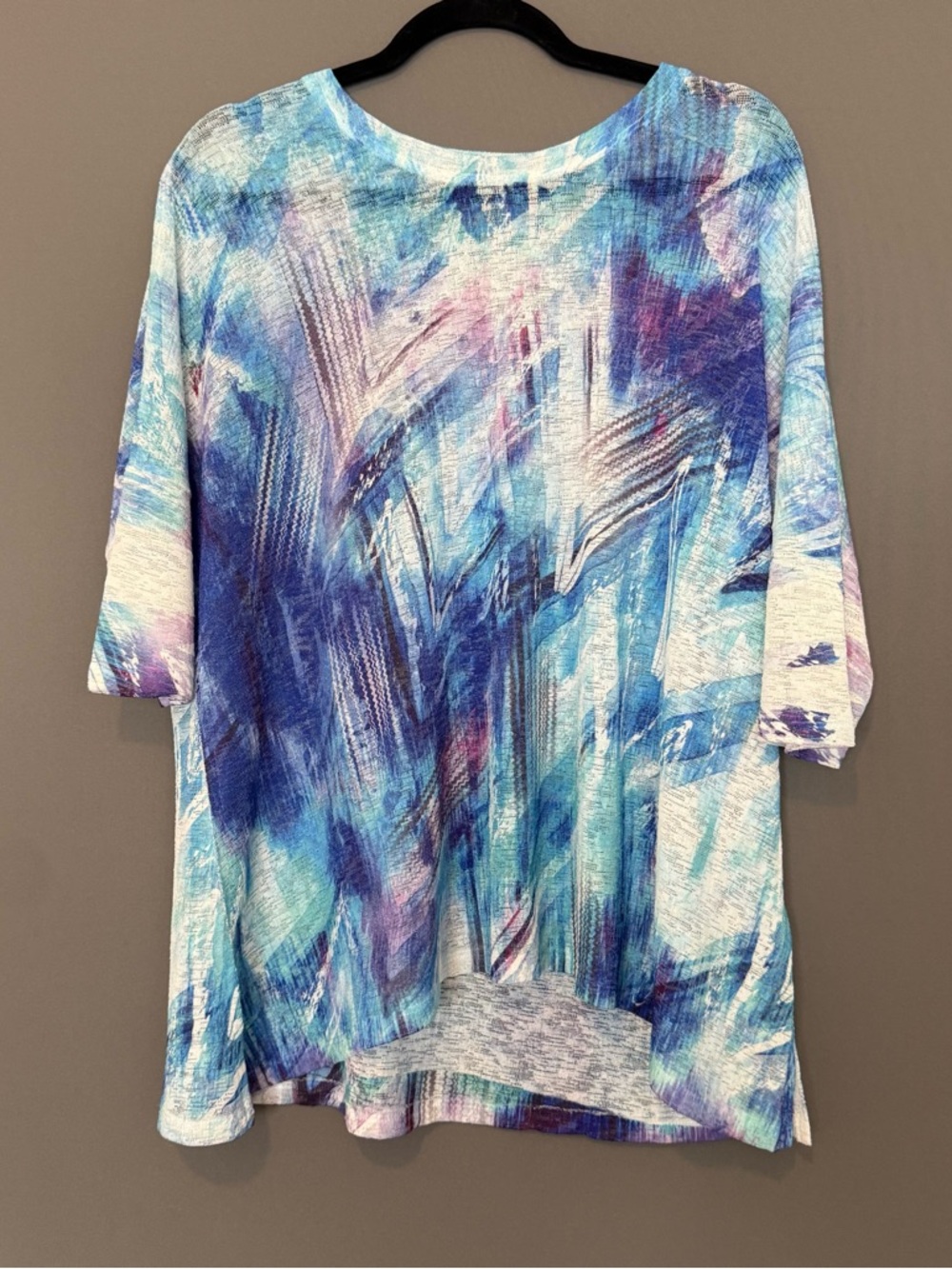 Jess & Jane Abstract Print Knit Coverup Top Blue Purple Short Sleeve Small